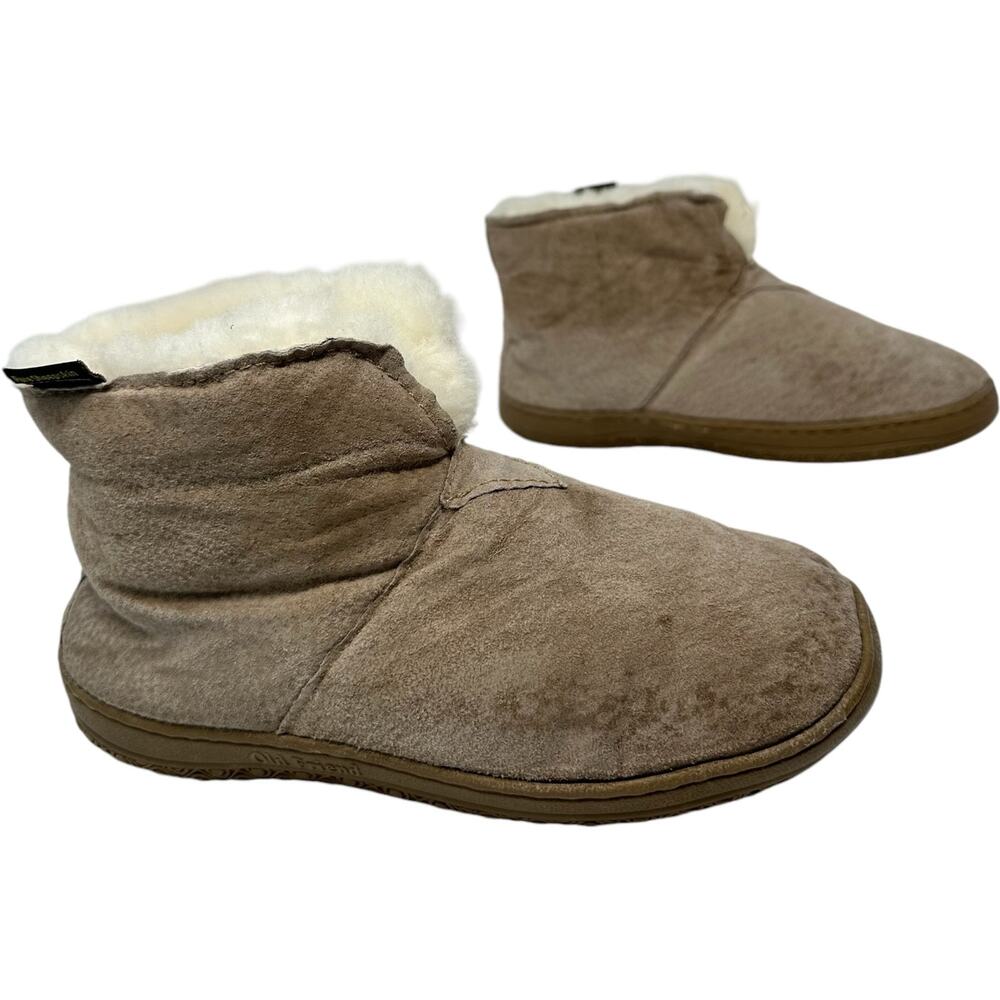 Old Friend Pure Sheepskin Slippers Womens SZ 8 Suede Leather Wool Lined Comfort